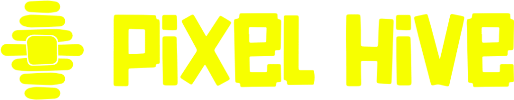 PixelHive,text,logo,design,branding,playful,cartoonish,yellow,creative,fun,hive,portfolio