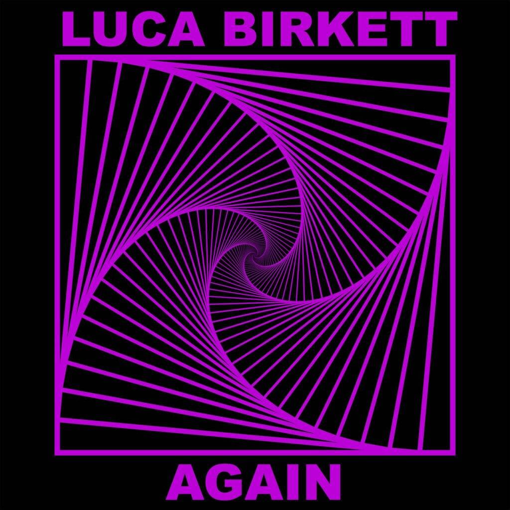 Purple abstract spiral design with text "Again