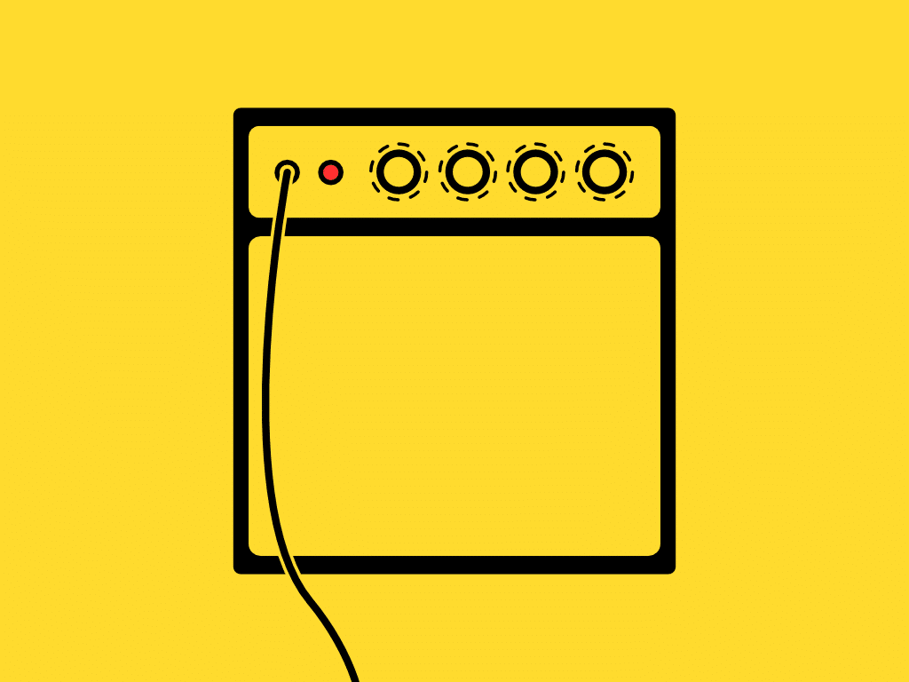 Graphic of amplifier with cable on yellow background.