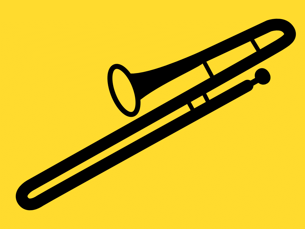 Black trombone illustration on yellow background.