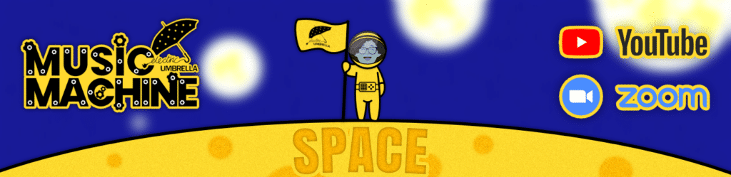 Music Machine Space theme with YouTube and Zoom logos.
