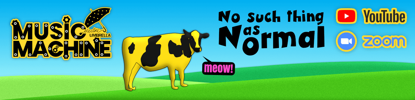 Colorful banner with cow, text, YouTube, Zoom logos.