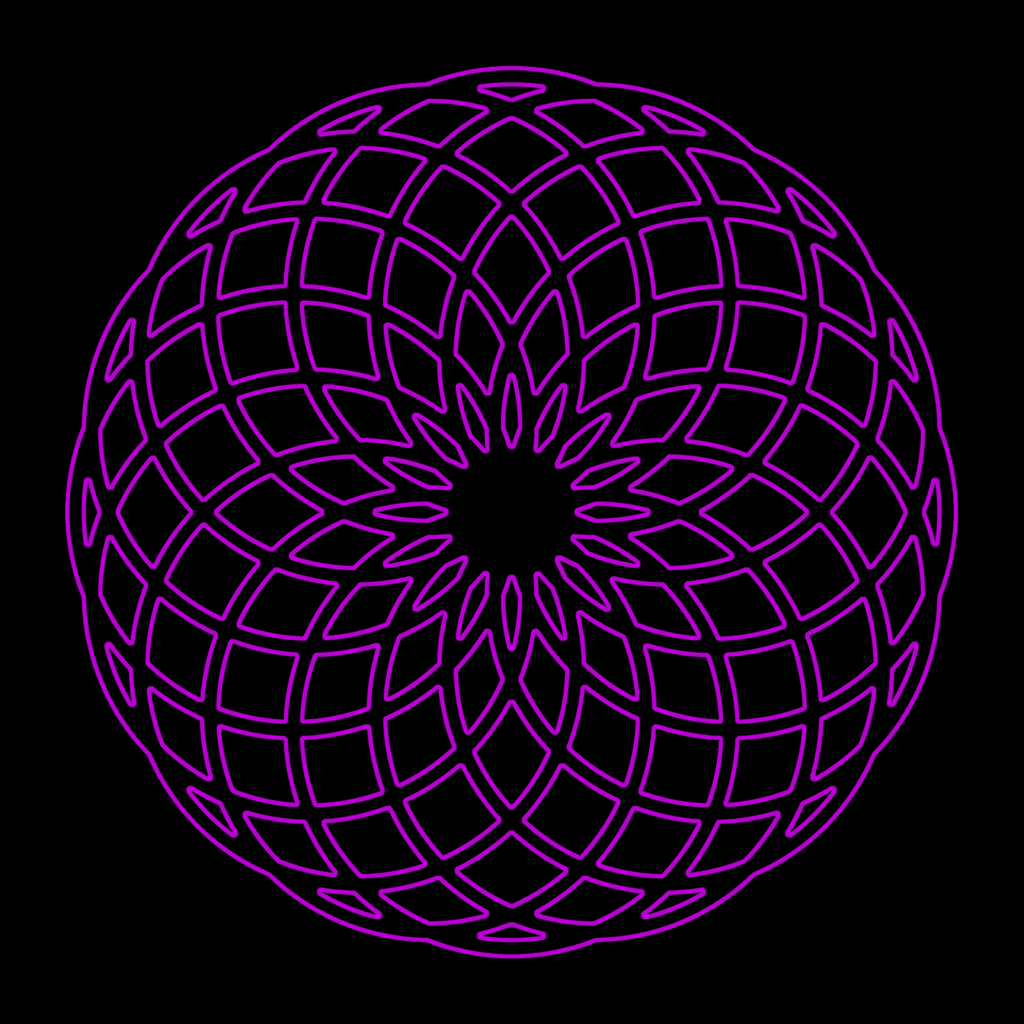 Complex purple geometric pattern on black background.
