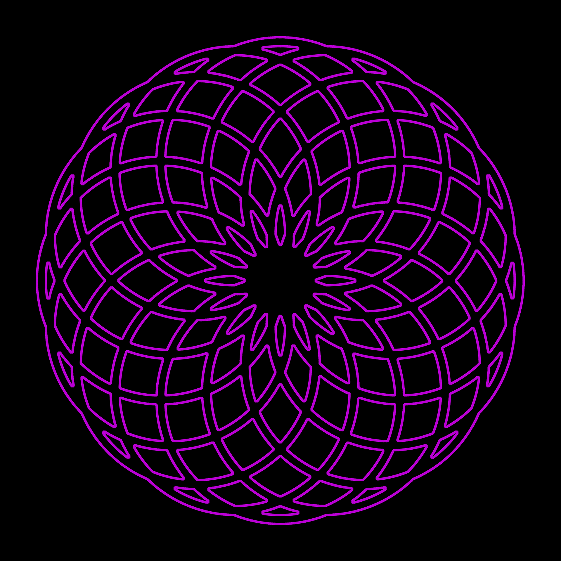 Complex purple geometric pattern on black background.