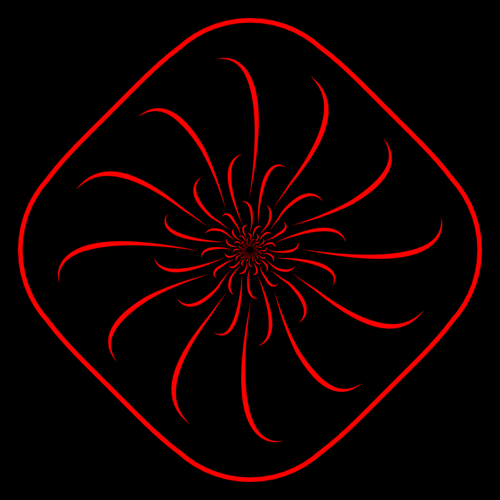 Abstract red geometric spiral design on black background.