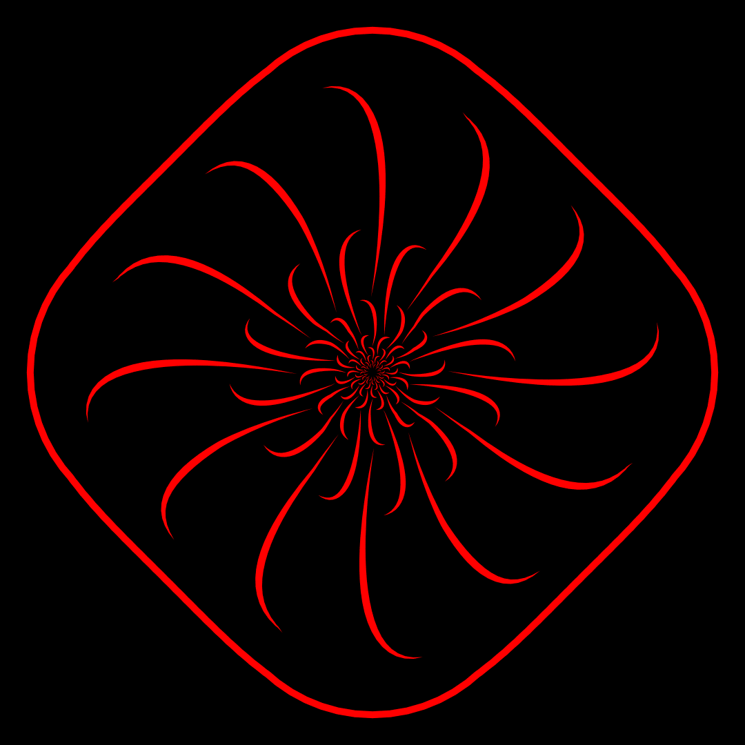 Abstract red geometric spiral design on black background.