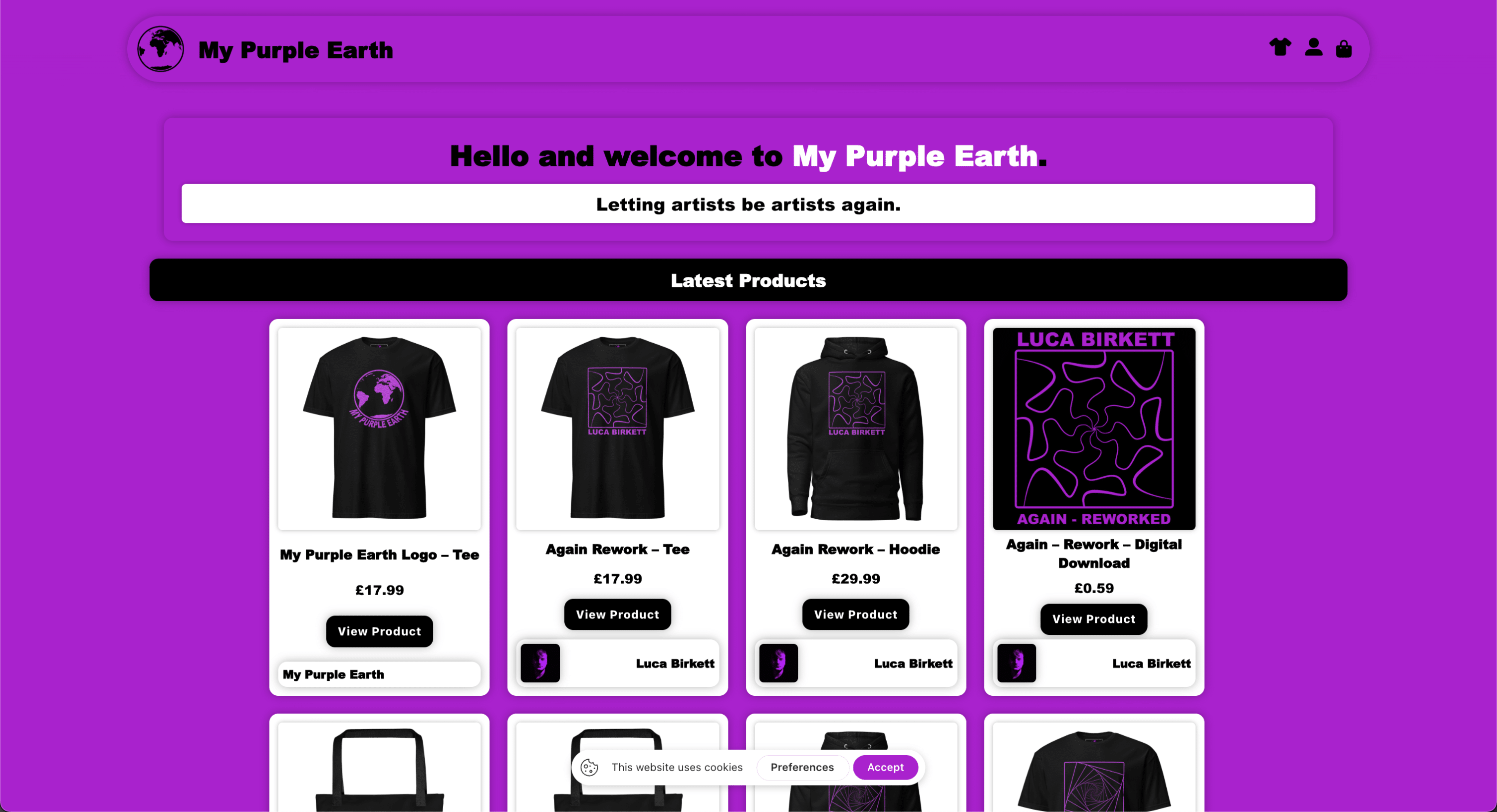 My Purple Earth products and apparel display.