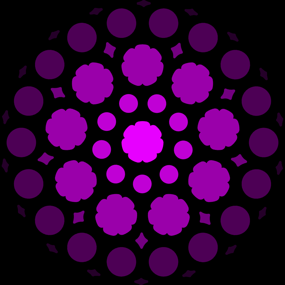 Purple geometric circular pattern on black background.