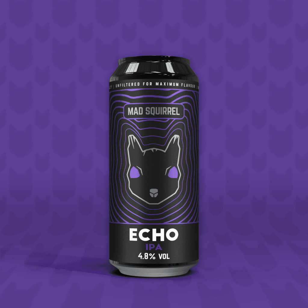 Mad Squirrel Echo IPA beer can design.