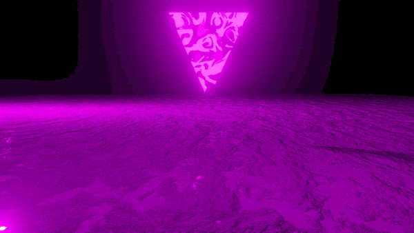 Neon triangle glowing in purple space.