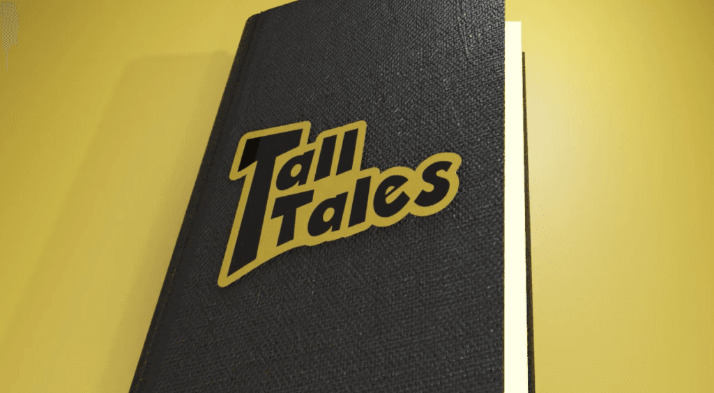 Cover of 'Tall Tales' book on yellow background.